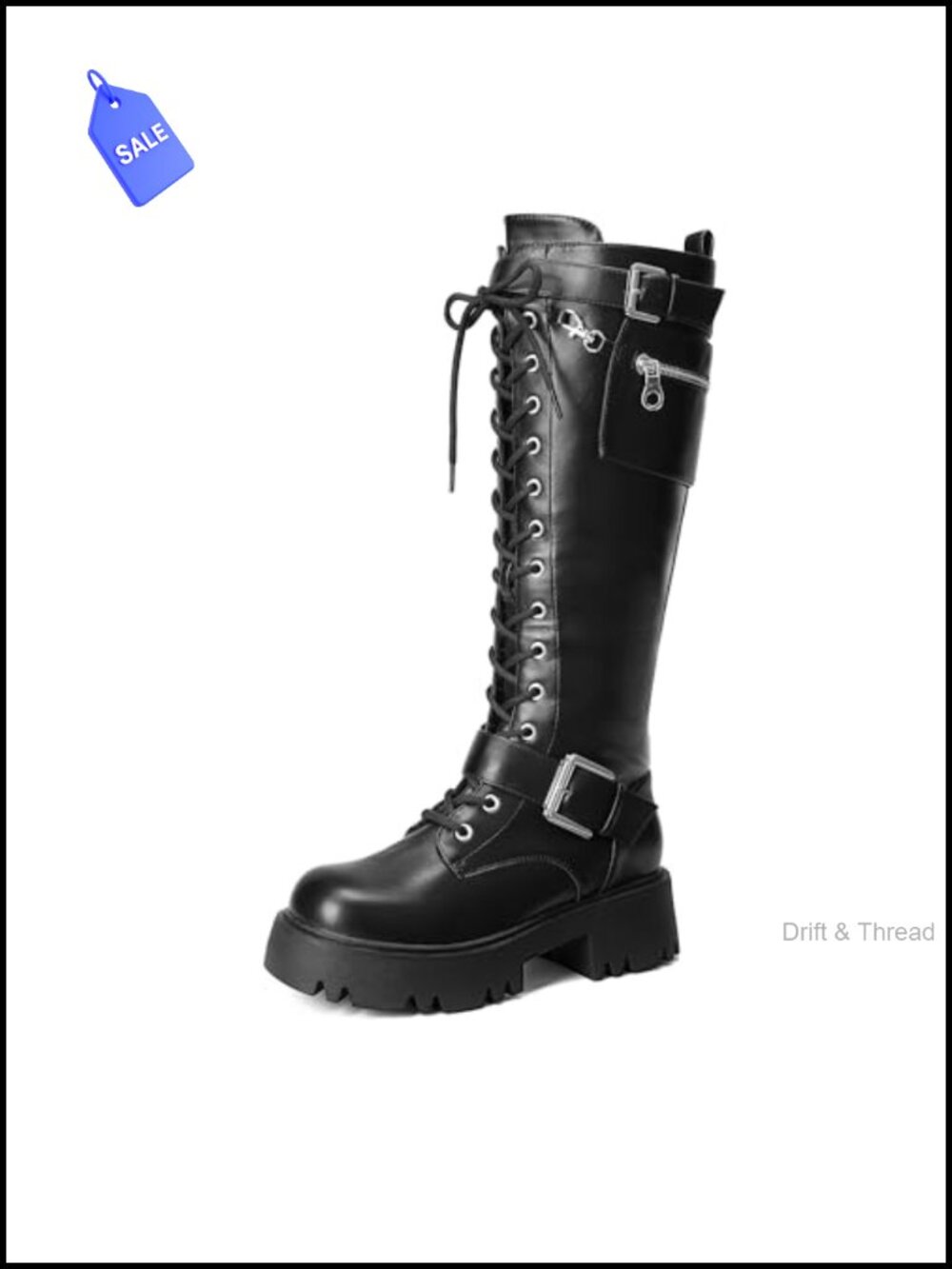 Knee High Combat Boots Platform Heels Faux Leather Lace Up